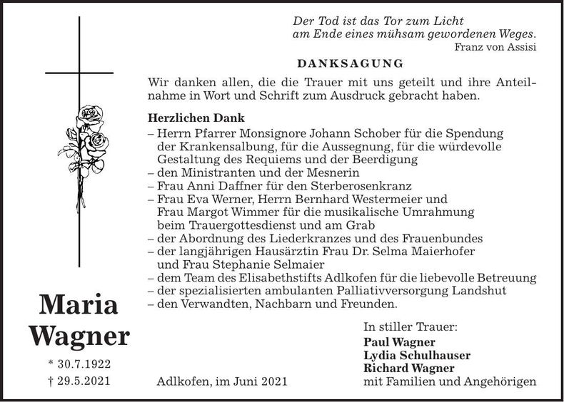 Traueranzeige Maria Wagner