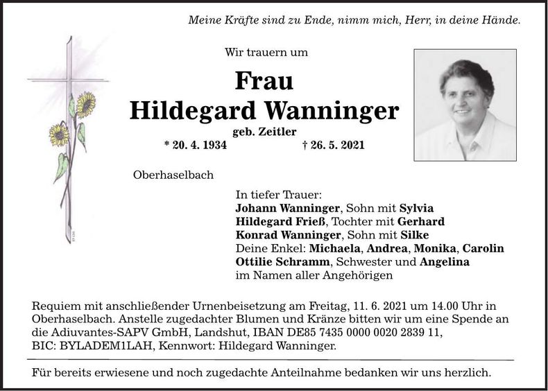 Traueranzeige Hildegard Wanninger