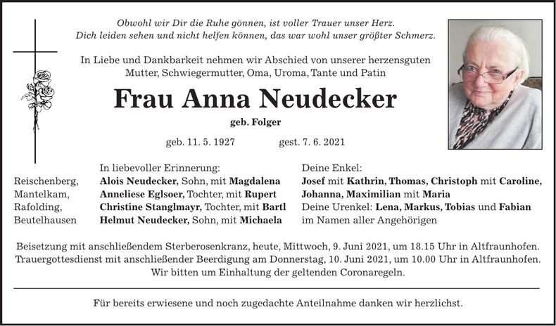 Traueranzeige Anna Neudecker