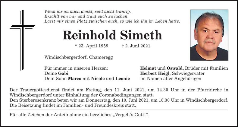 Traueranzeige Reinhold Simeth