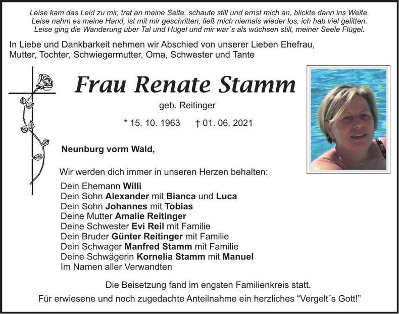 Traueranzeige Renate Stamm