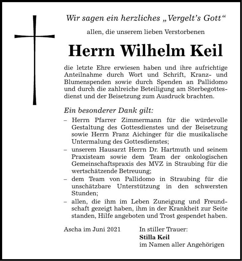 Traueranzeige Wilhelm Keil
