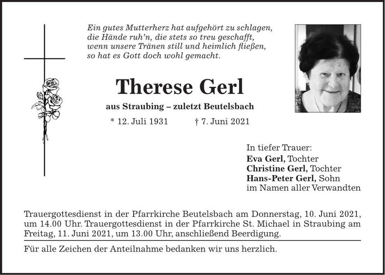 Traueranzeige Therese Gerl
