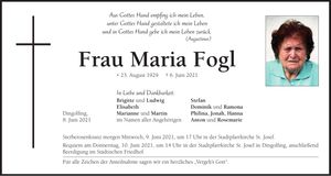 Traueranzeige Maria Fogl