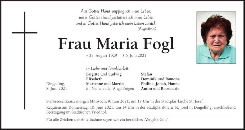 Traueranzeige Maria Fogl