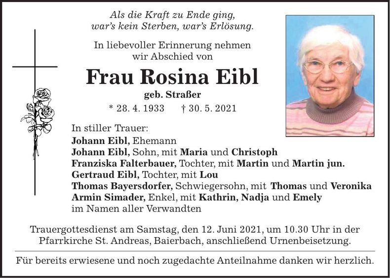 Traueranzeige Rosina Eibl