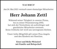 Traueranzeige Johann Zettl