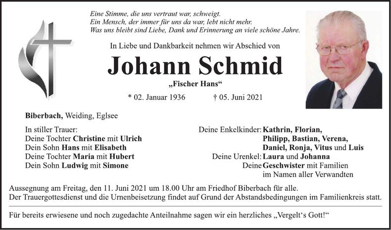 Traueranzeige Johann Schmid