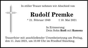 Traueranzeige Rudolf Premke