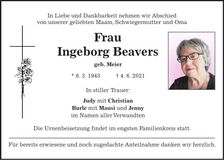 Traueranzeige Ingeborg Beavers