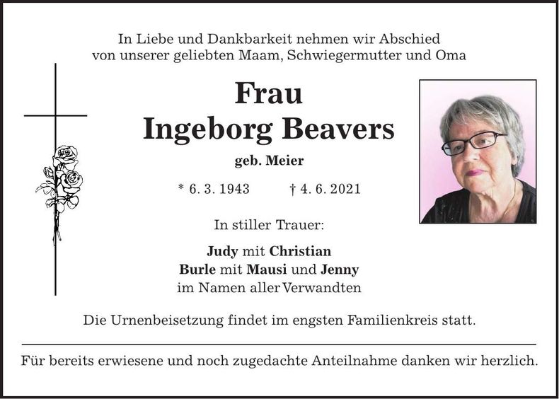 Traueranzeige Ingeborg Beavers