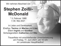 Traueranzeige Stephen Zoißl - McDonald