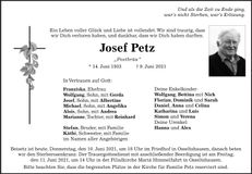 Traueranzeige Josef Petz
