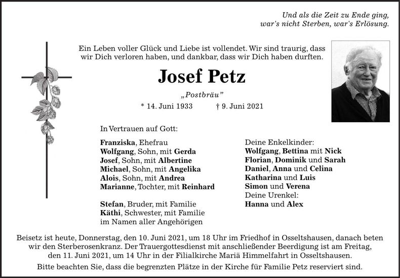 Traueranzeige Josef Petz