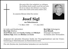 Traueranzeige Josef Sigl