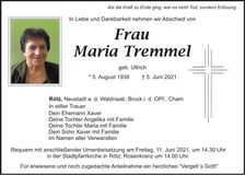 Traueranzeige Maria Tremmel