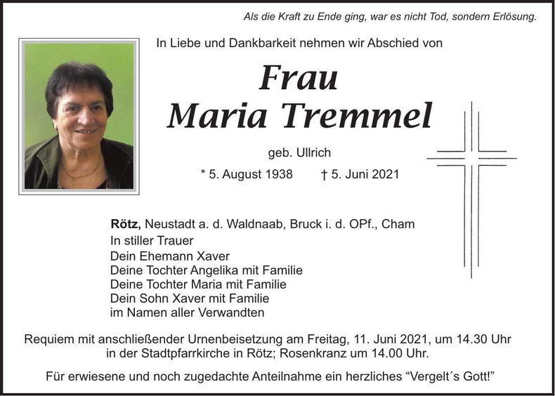 Traueranzeige Maria Tremmel