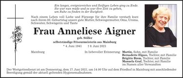 Traueranzeige Anneliese Aigner