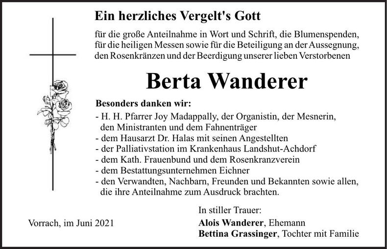 Traueranzeige Berta Wanderer