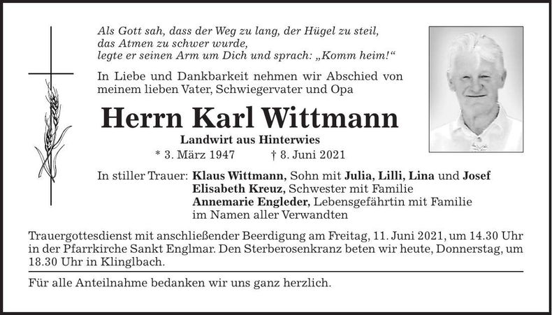 Traueranzeige Wittmann Karl