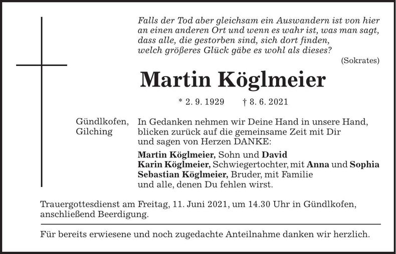 Traueranzeige Martin Köglmeier