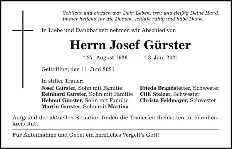 Traueranzeige Josef Gürster
