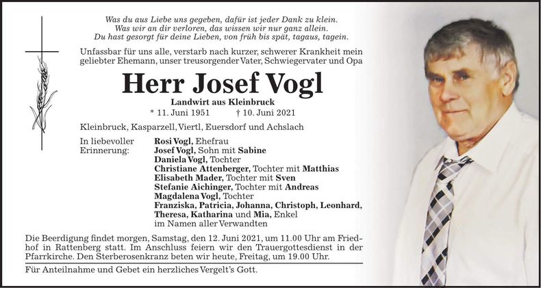 Traueranzeige Josef Vogl