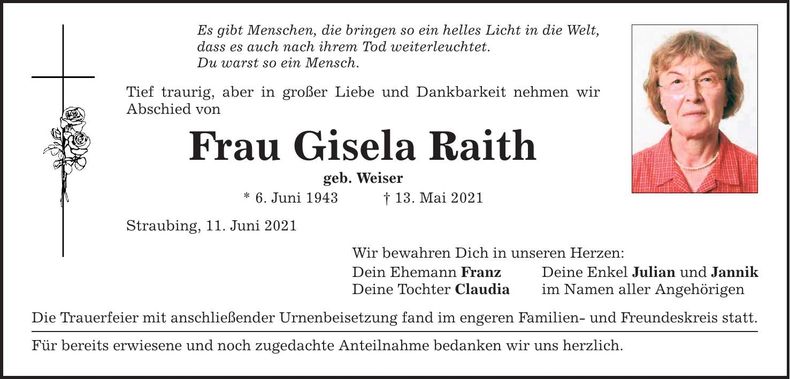 Traueranzeige Gisela Raith