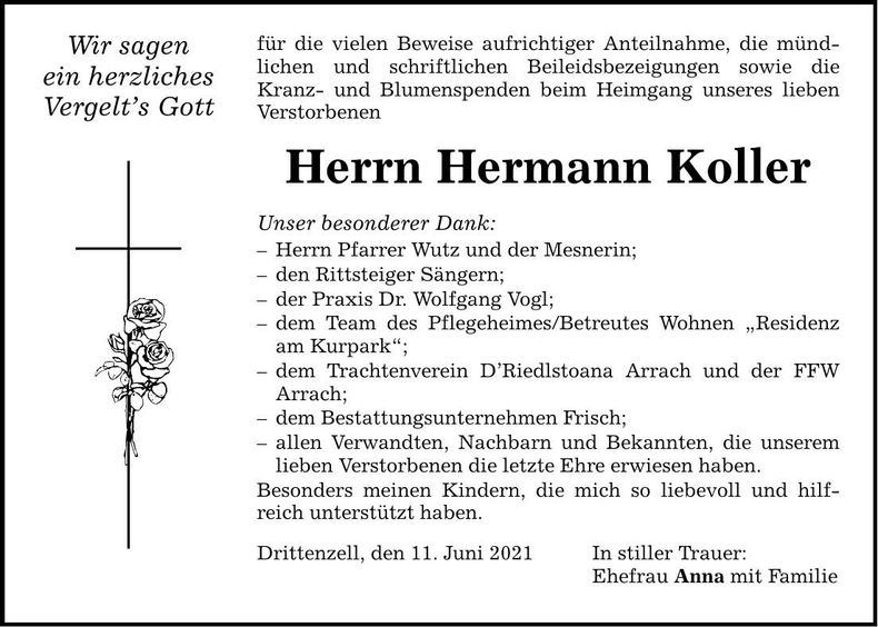 Traueranzeige Hermann Koller