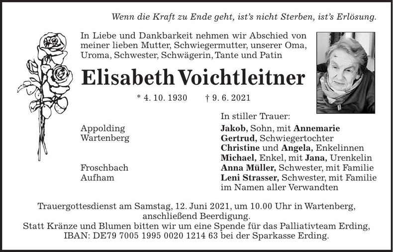 Traueranzeige Elisabeth Voichtleitner