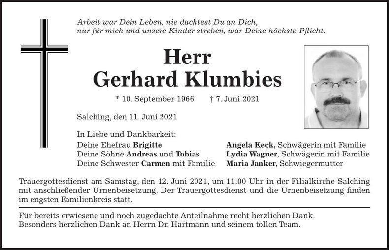 Traueranzeige Gerhard Klumbies