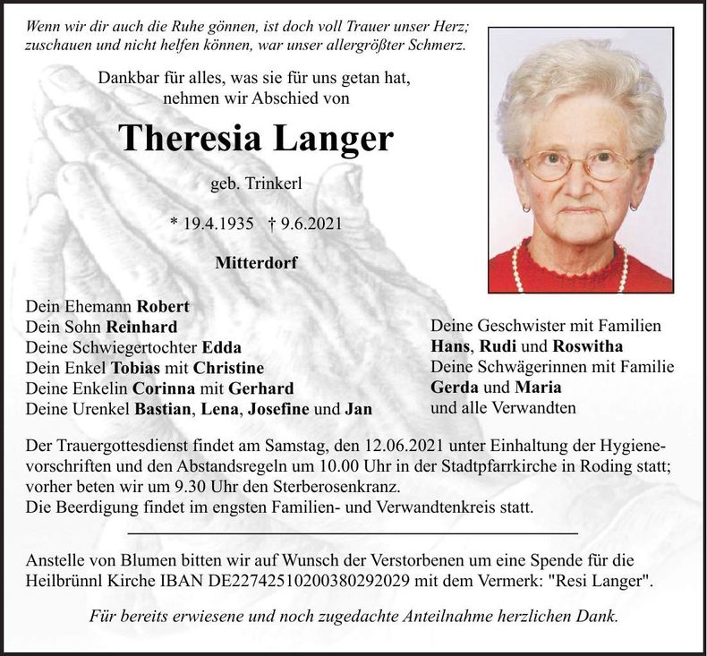 Traueranzeige Theresia Langer