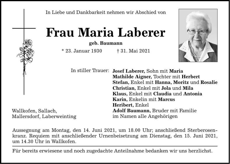 Traueranzeige Maria Laberer