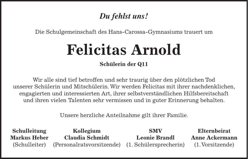 Traueranzeige Felicitas Arnold