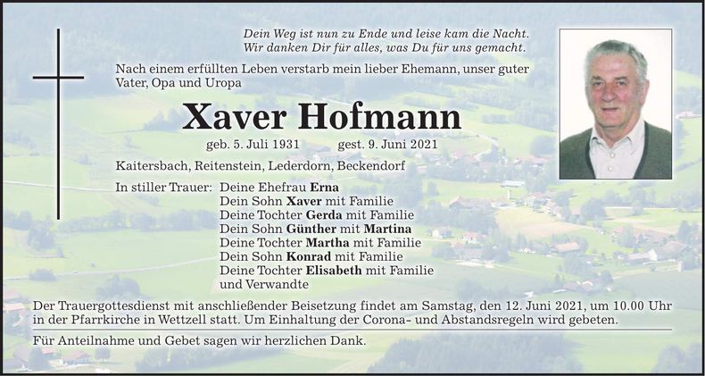 Traueranzeige Xaver Hofmann