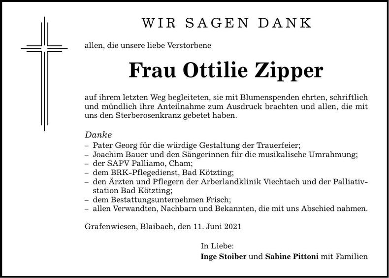 Traueranzeige Ottilie Zipper