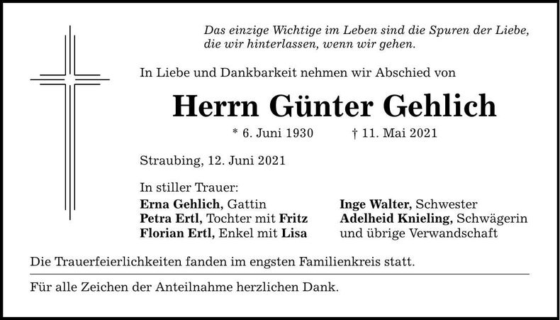 Traueranzeige Günter Gehlich