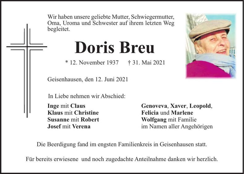 Traueranzeige Doris Breu