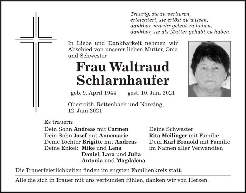 Traueranzeige Waltraud Schlarnhaufer