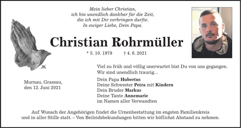 Traueranzeige Christian Rohrmüller