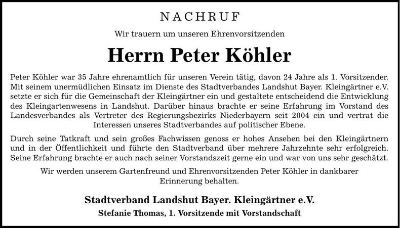 Traueranzeige Peter Köhler
