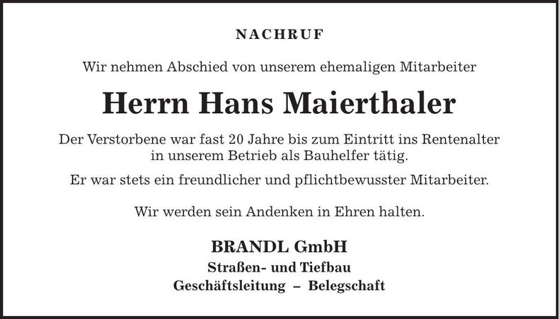 Traueranzeige Hans Maierthaler