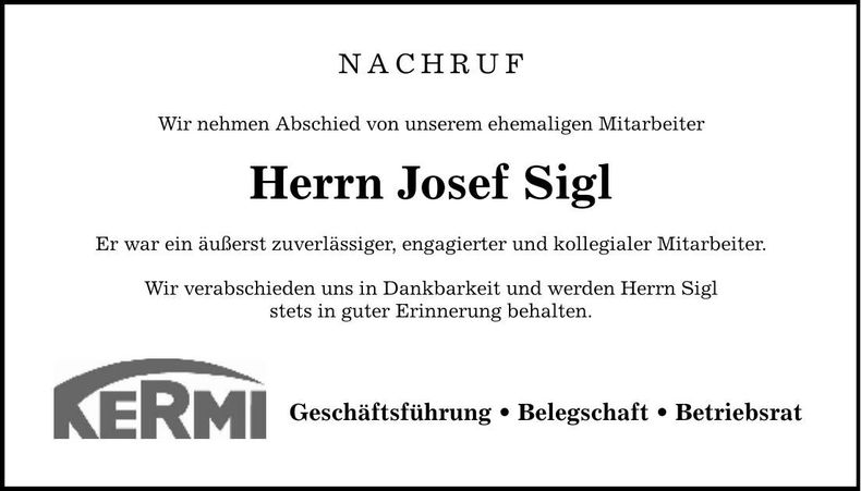Traueranzeige Josef Sigl