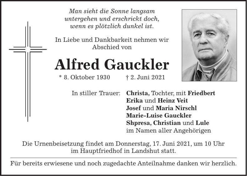 Traueranzeige Alfred Gauckler