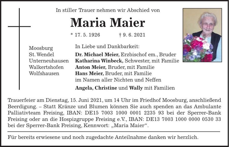 Traueranzeige Maria Maier