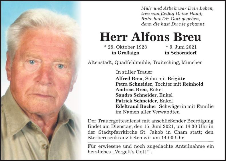 Traueranzeige Alfons Breu