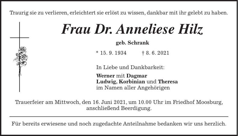 Traueranzeige Anneliese Dr. Hilz