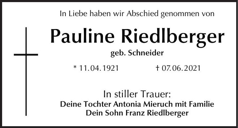 Traueranzeige Pauline Riedelburger