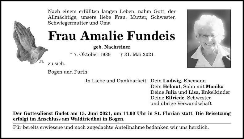 Traueranzeige Amalie Fundeis