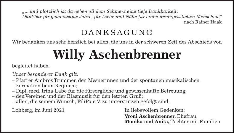 Traueranzeige Willy Aschenbrenner